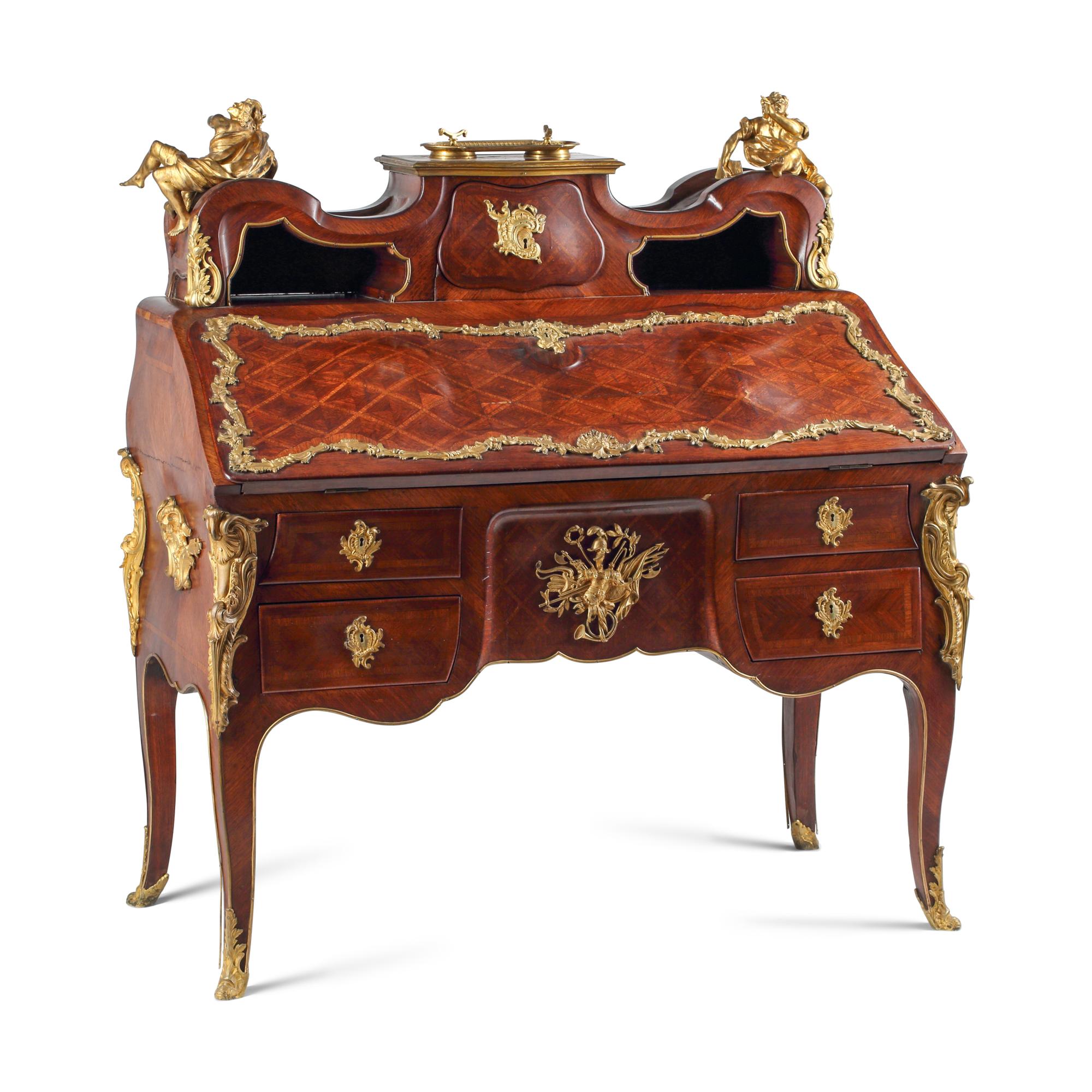 A Louis XV Style Parquetry and Gilt Bronze Mounted Slant-Front Bureau