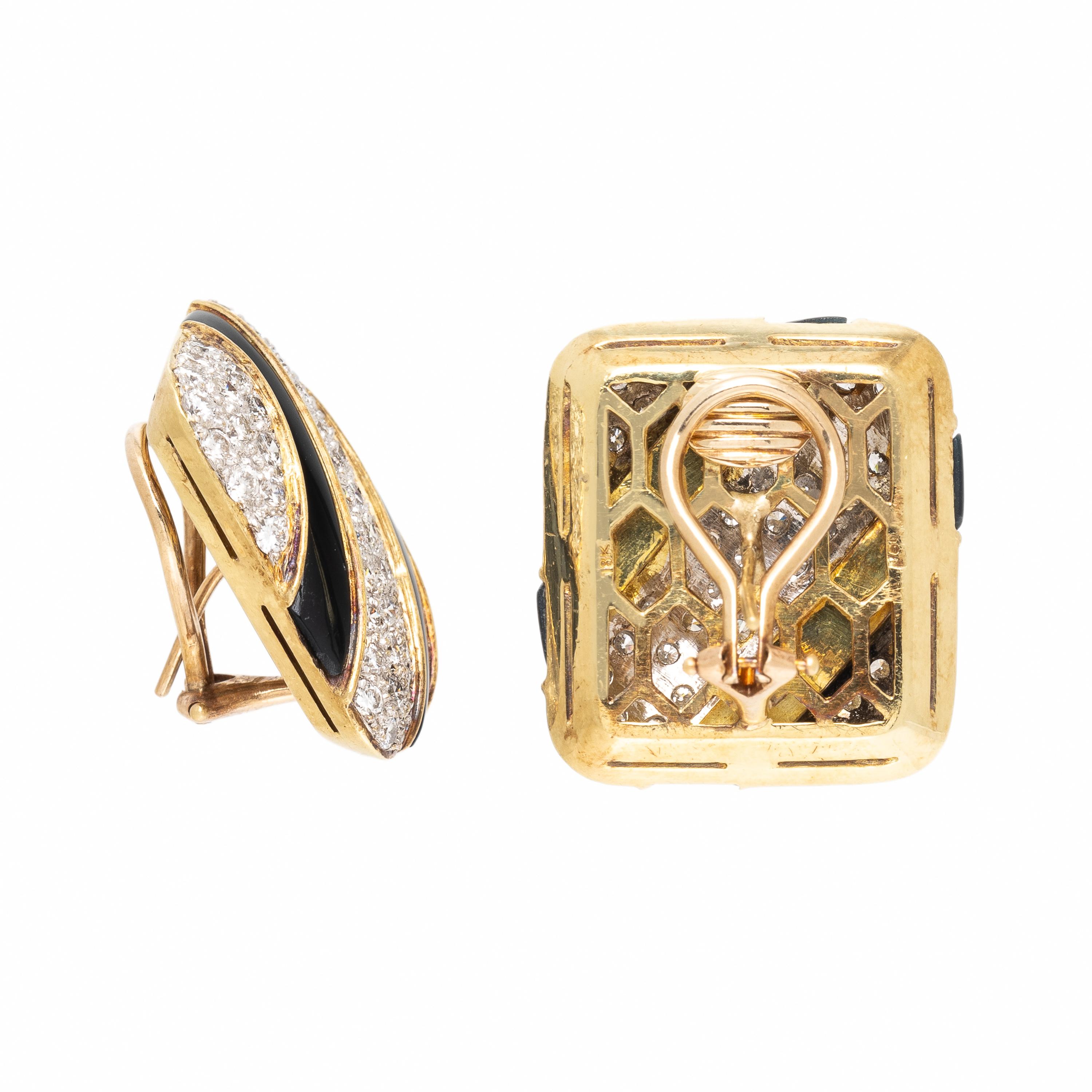 Diamond, Onyx, and Yellow Gold Earrings