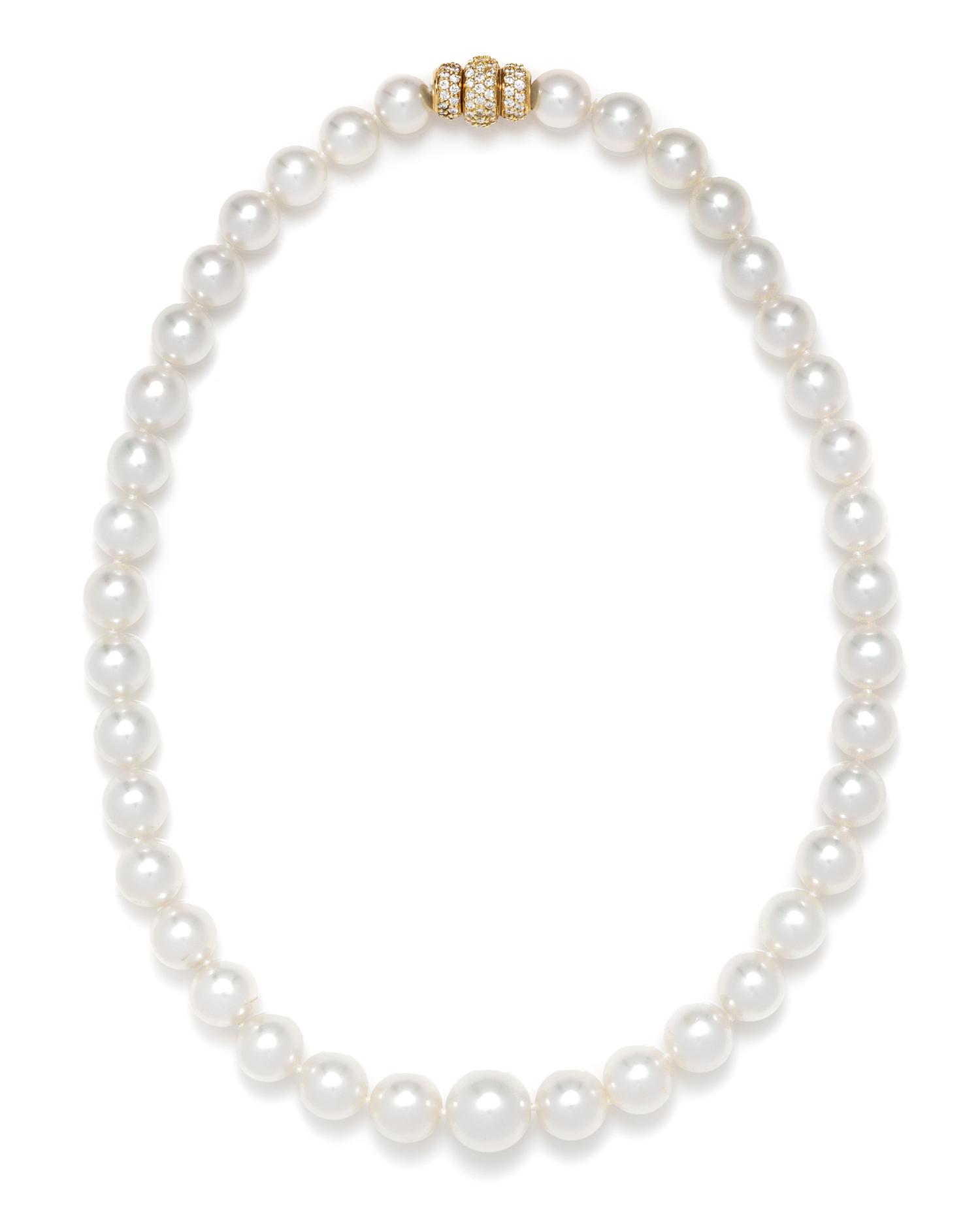 A Graduated Single Strand Cultured South Sea Pearl Necklace with Gold and Diamond Clasp,