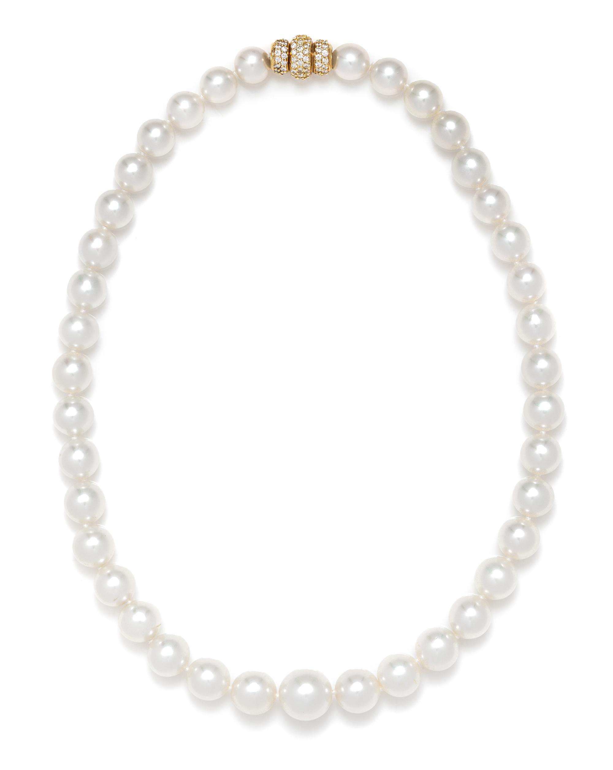 A Graduated Single Strand Cultured South Sea Pearl Necklace with Gold and Diamond Clasp,