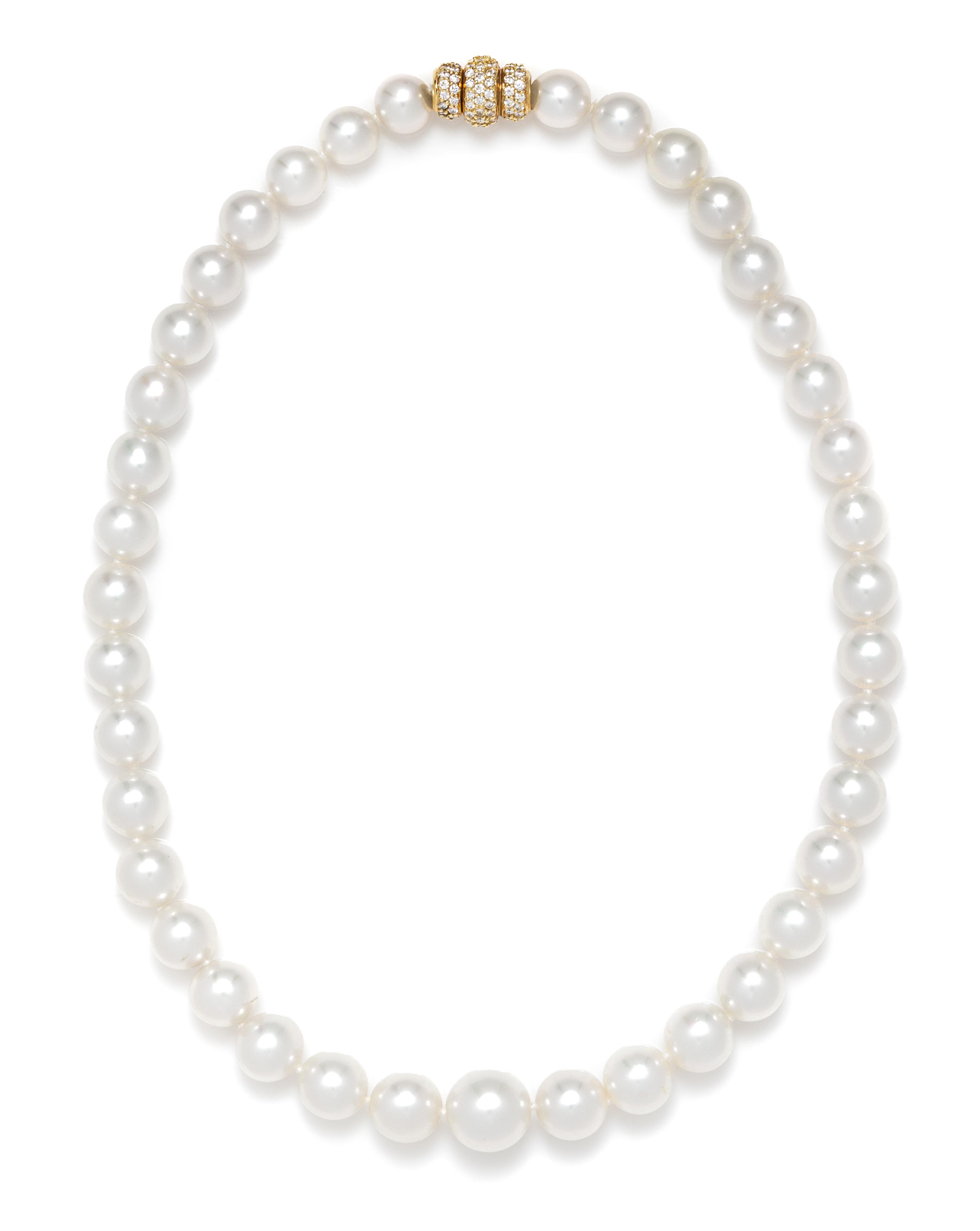 A Graduated Single Strand Cultured South Sea Pearl Necklace with Gold and Diamond Clasp,