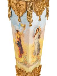 A Pair of Continental Gilt and Transfer-Printed Metal Mounted Marble Pedestals