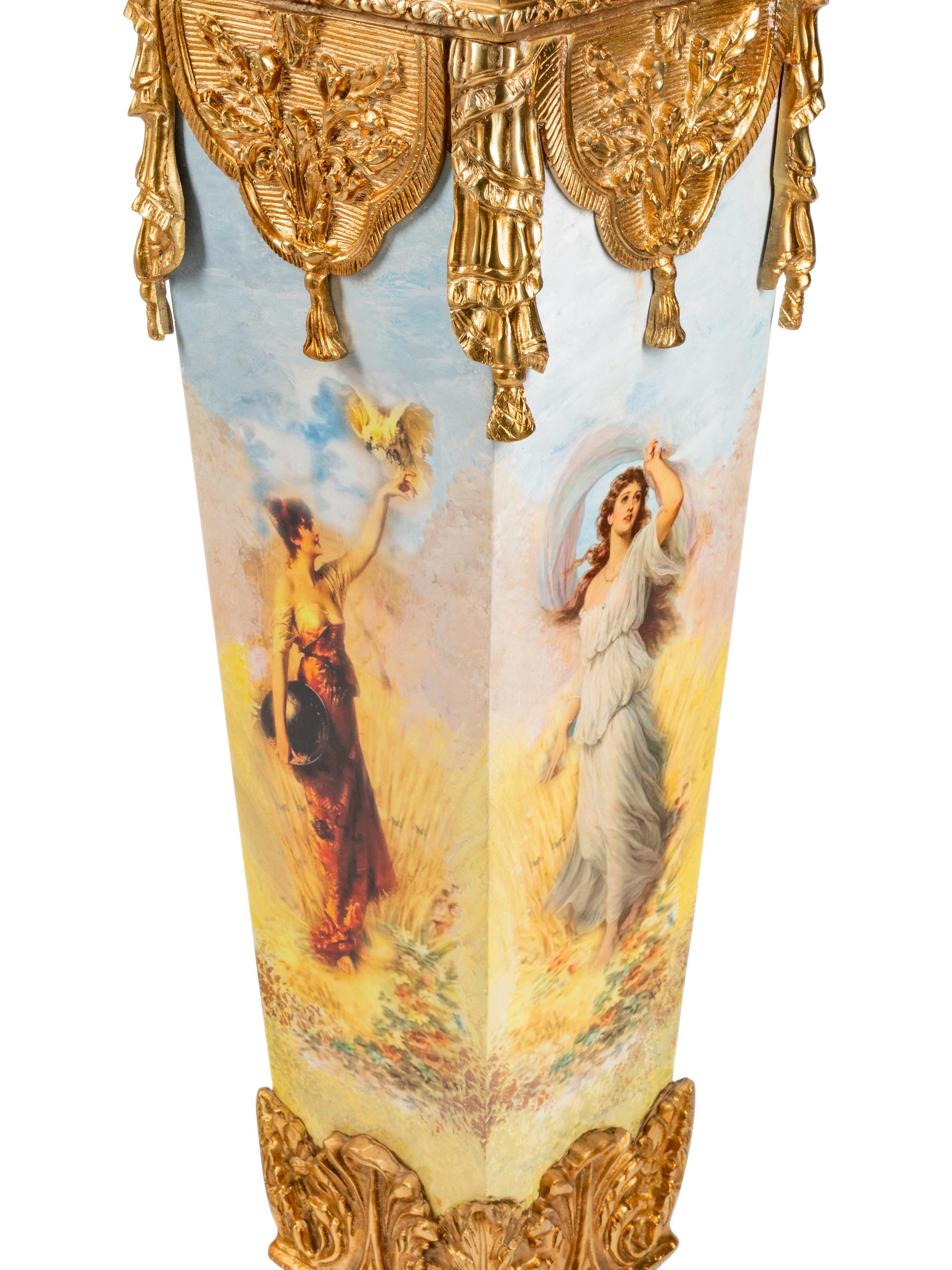 A Pair of Continental Gilt and Transfer-Printed Metal Mounted Marble Pedestals