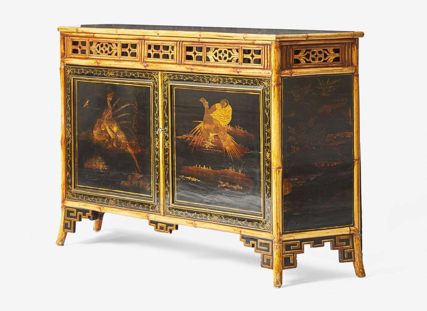 A French Japanesque bamboo and lacquer sideboard, 20th century