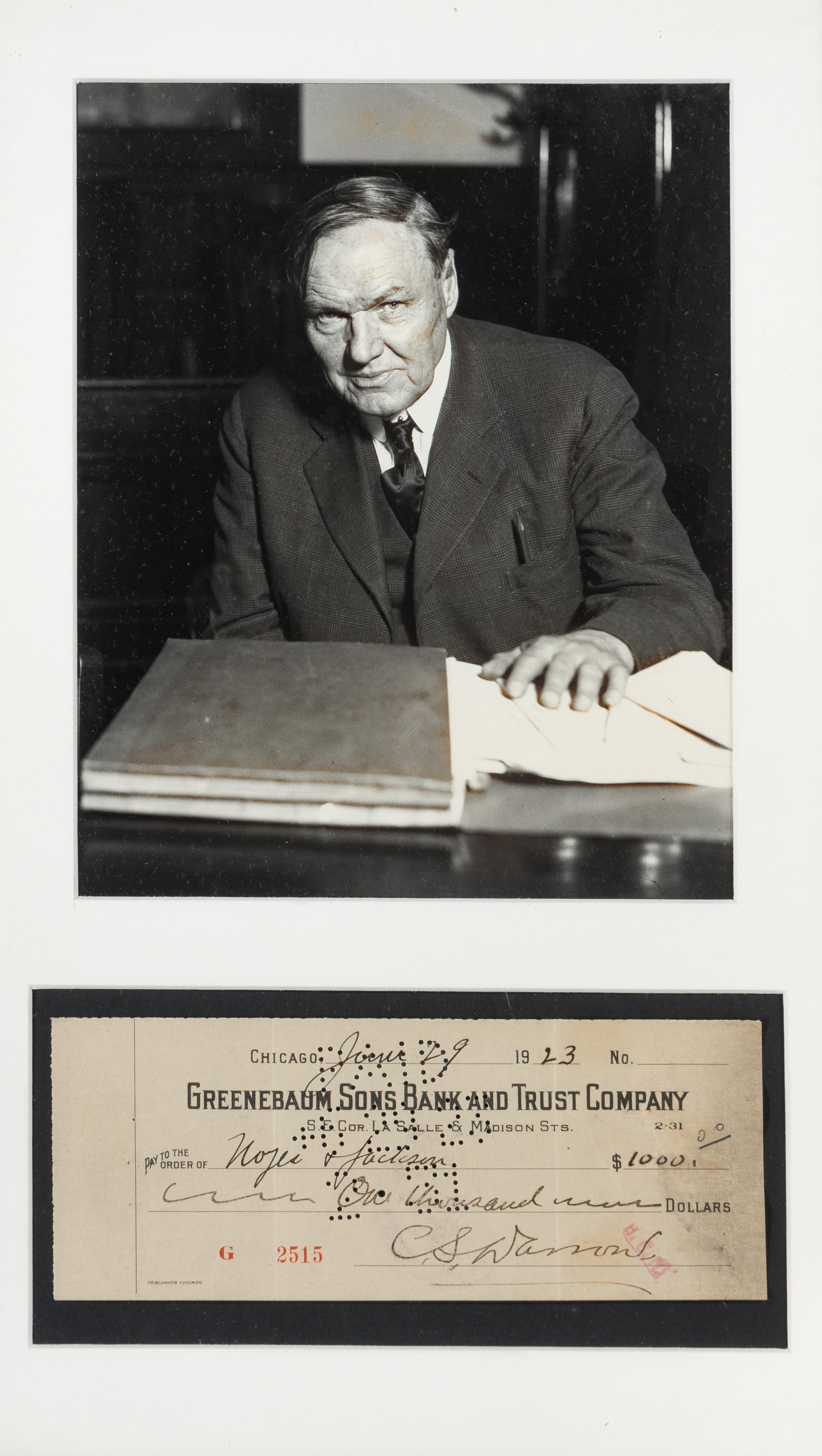 DARROW, Clarence (1857-1938). Printed check, signed and accomplished in holograph, 29 June 1923. Drawn on Greenebaum Sons Bank and trust Company, for $1,000.00, payable to Noyes & Jackson.