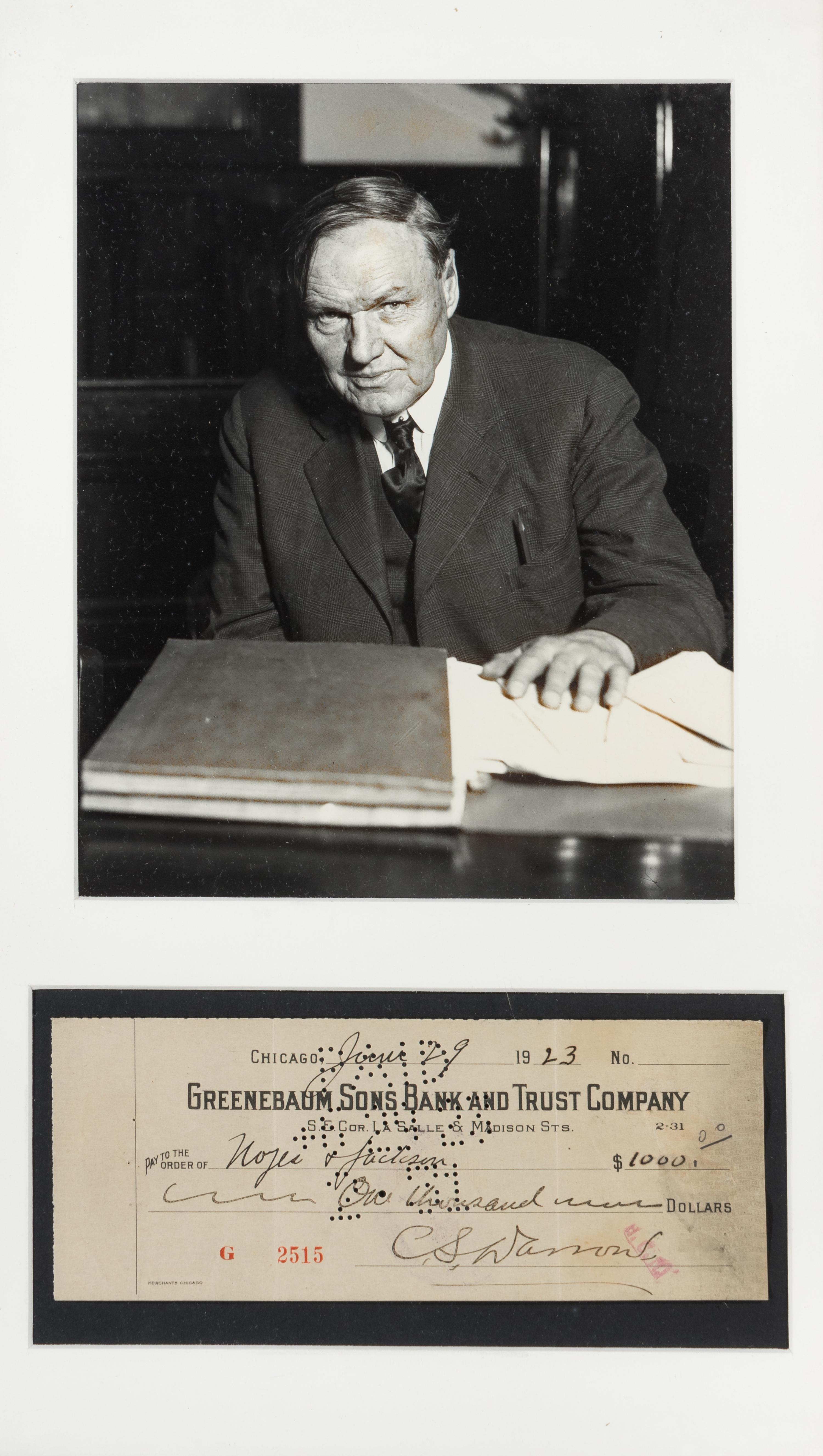 DARROW, Clarence (1857-1938). Printed check, signed and accomplished in holograph, 29 June 1923. Drawn on Greenebaum Sons Bank and trust Company, for $1,000.00, payable to Noyes & Jackson.