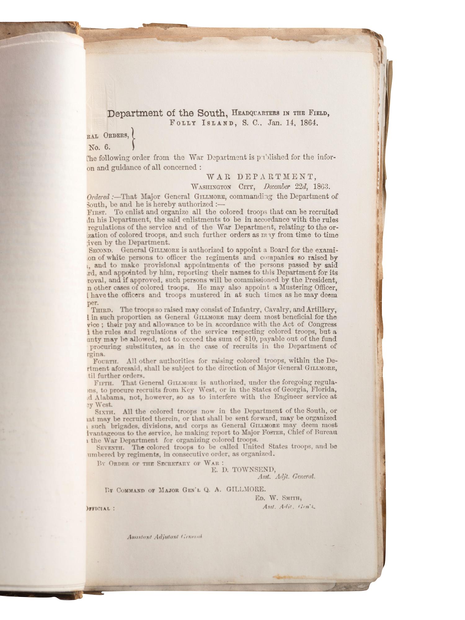 [CIVIL WAR]. Bound General Orders book referring to African American soldiers, 1864.