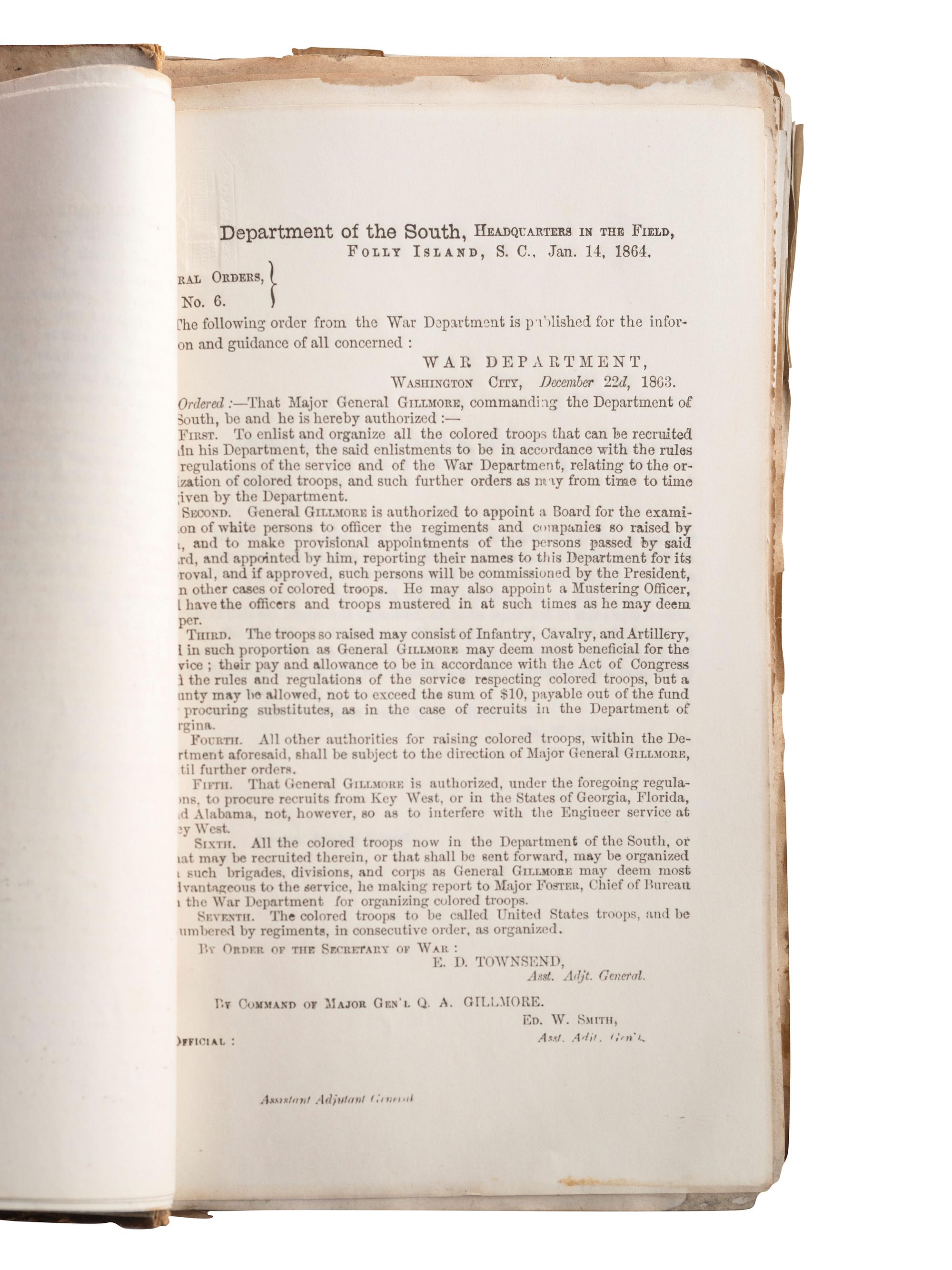 [CIVIL WAR]. Bound General Orders book referring to African American soldiers, 1864.
