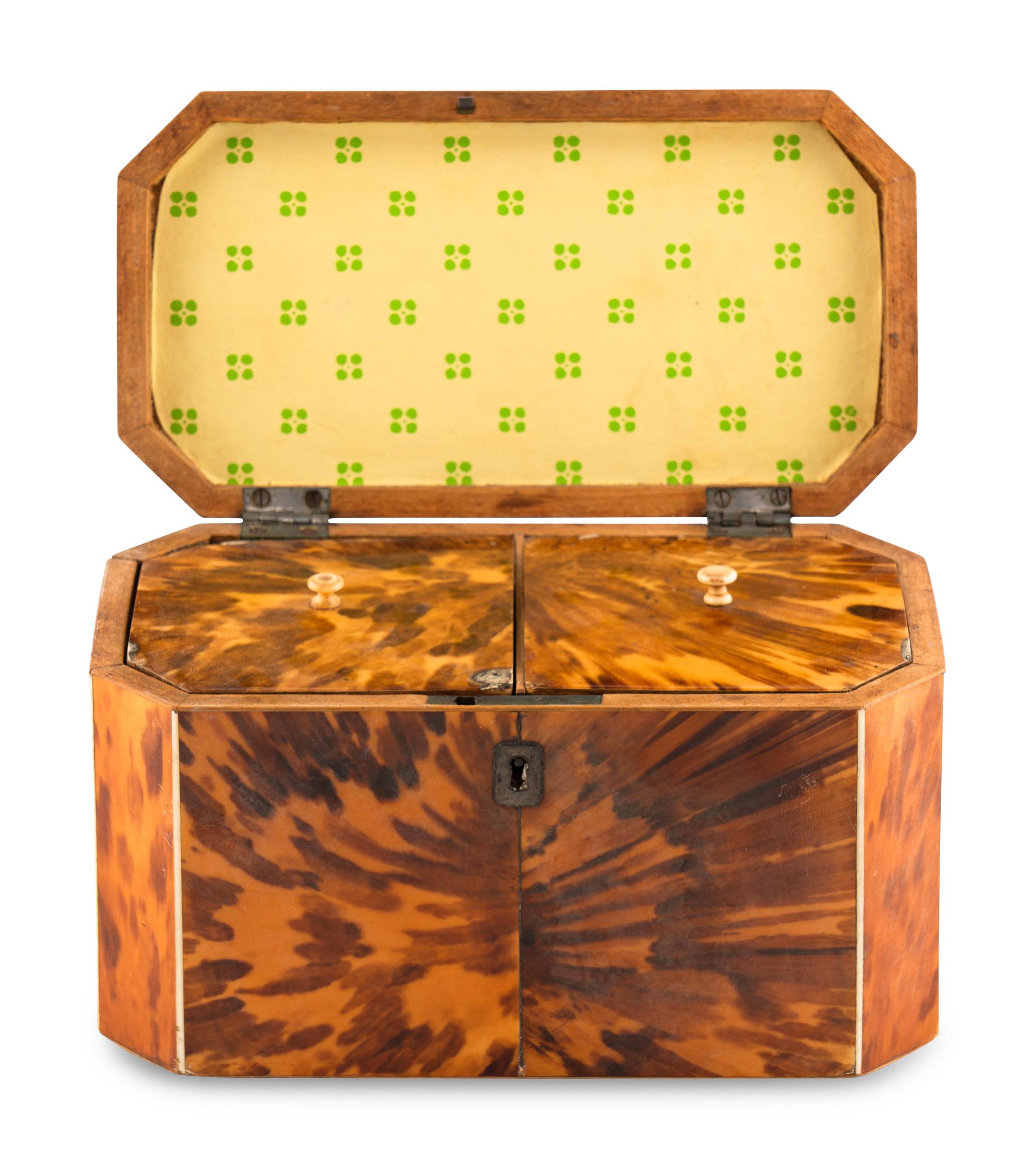 A Regency Tortoise Shell Octagonal Tea Caddy