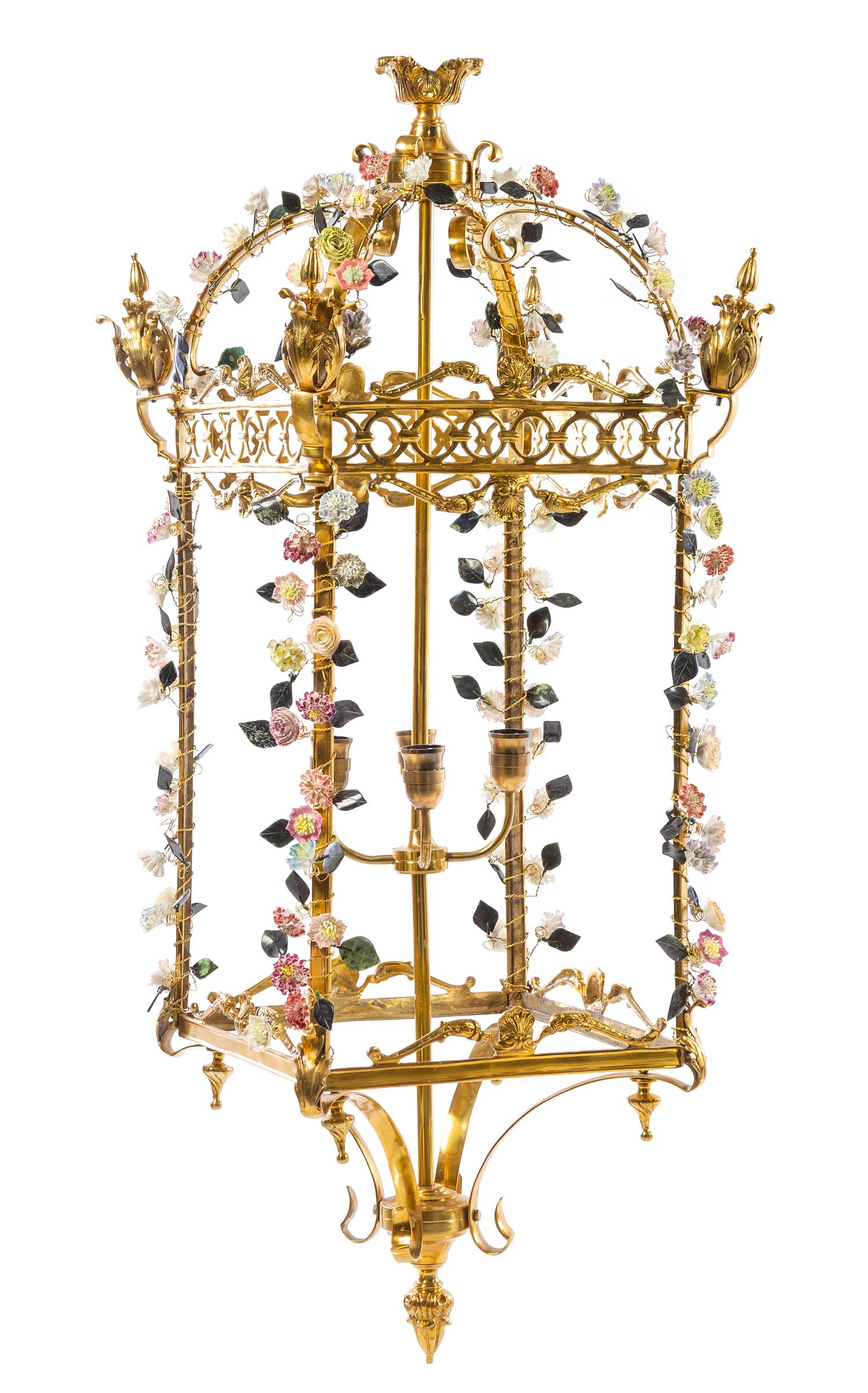 A French Porcelain Mounted Gilt Metal Lantern Height 47 /2 x width 18 x depth 18 inches. — 20TH CENTURY