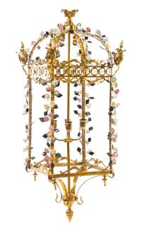 A French Porcelain Mounted Gilt Metal Lantern Height 47 /2 x width 18 x depth 18 inches. — 20TH CENTURY