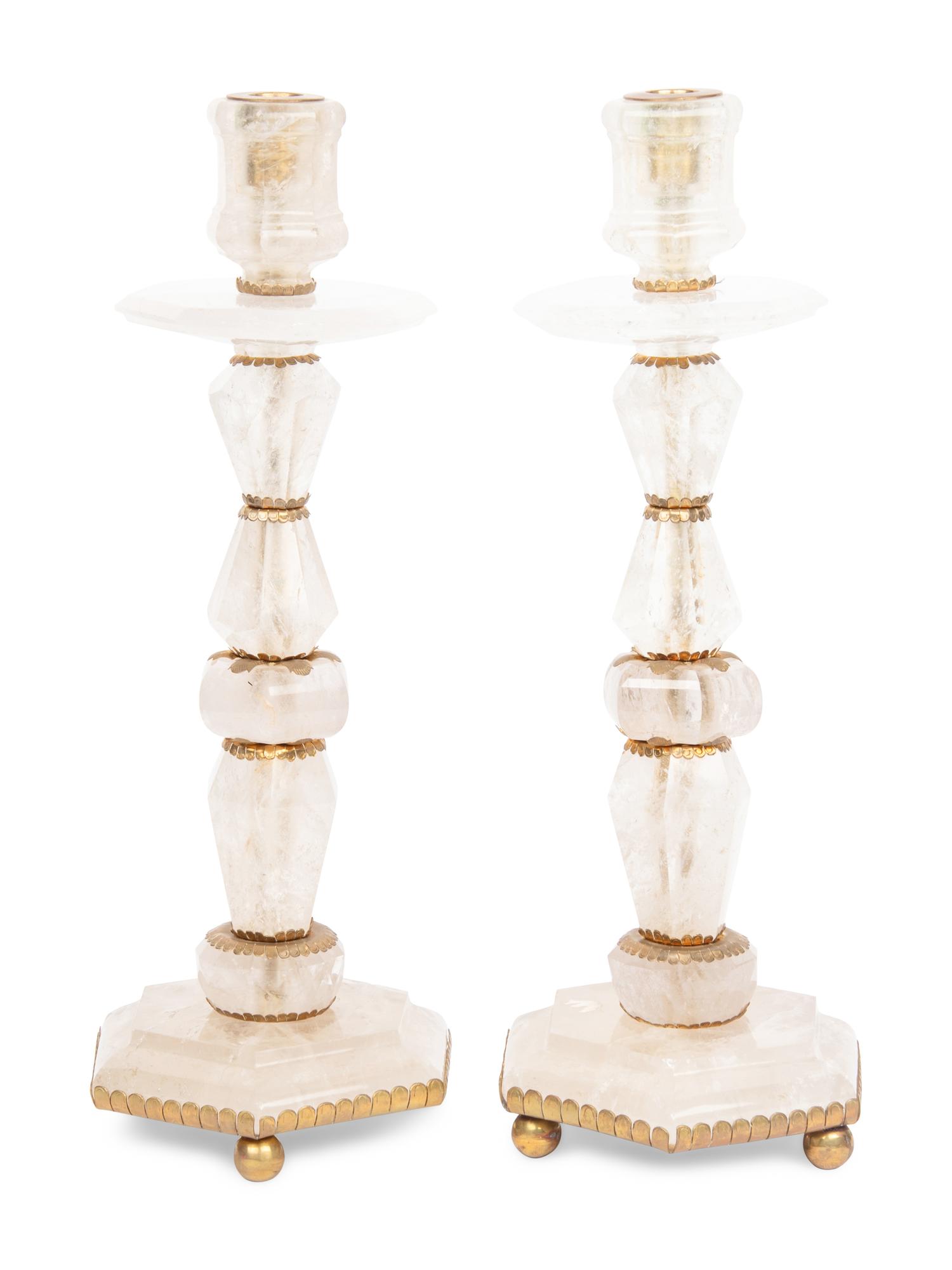 A Pair of Baroque Style Gilt Metal Mounted Rock Crystal Candlesticks