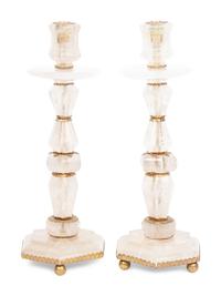 A Pair of Baroque Style Gilt Metal Mounted Rock Crystal Candlesticks