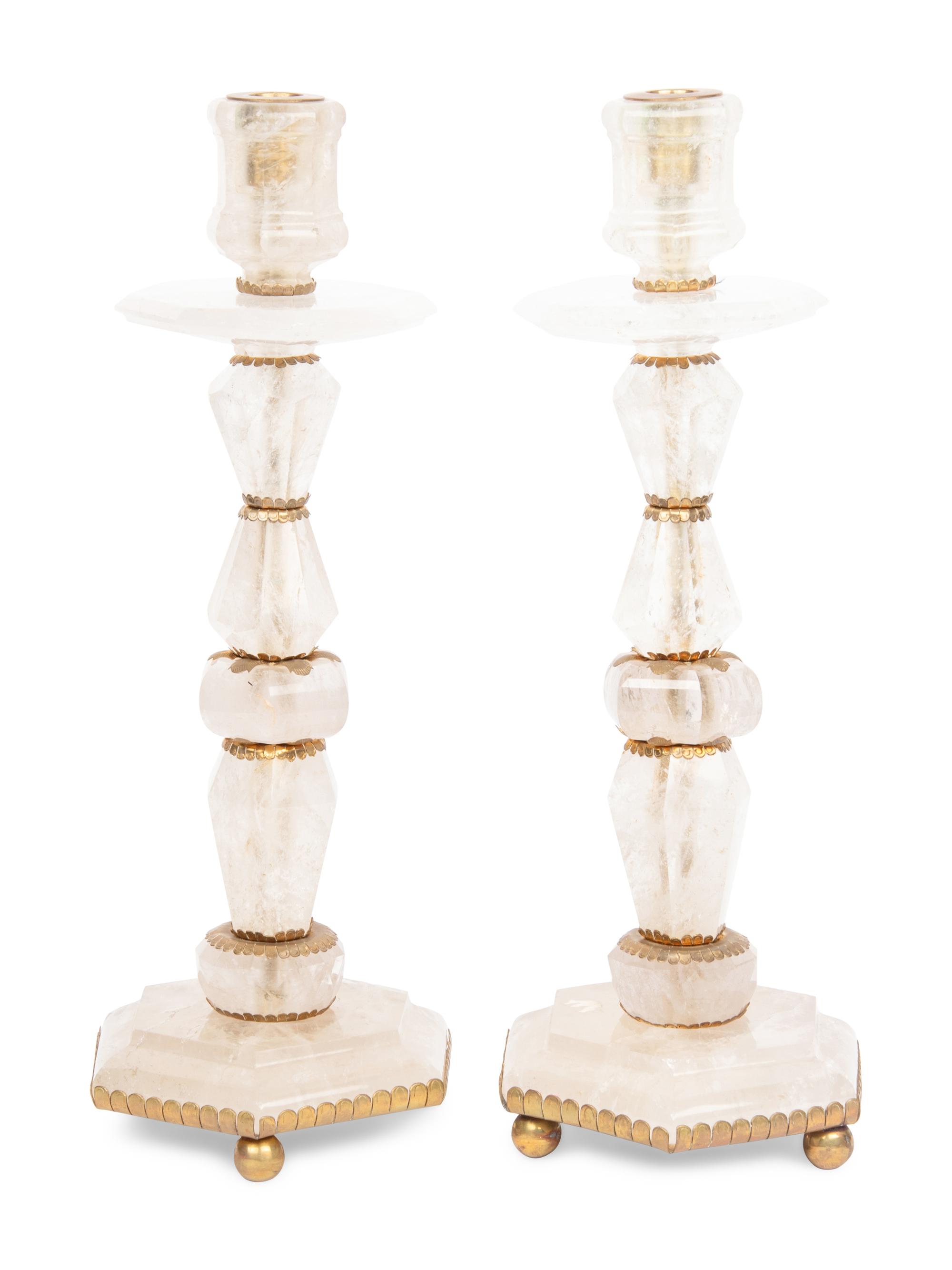 A Pair of Baroque Style Gilt Metal Mounted Rock Crystal Candlesticks