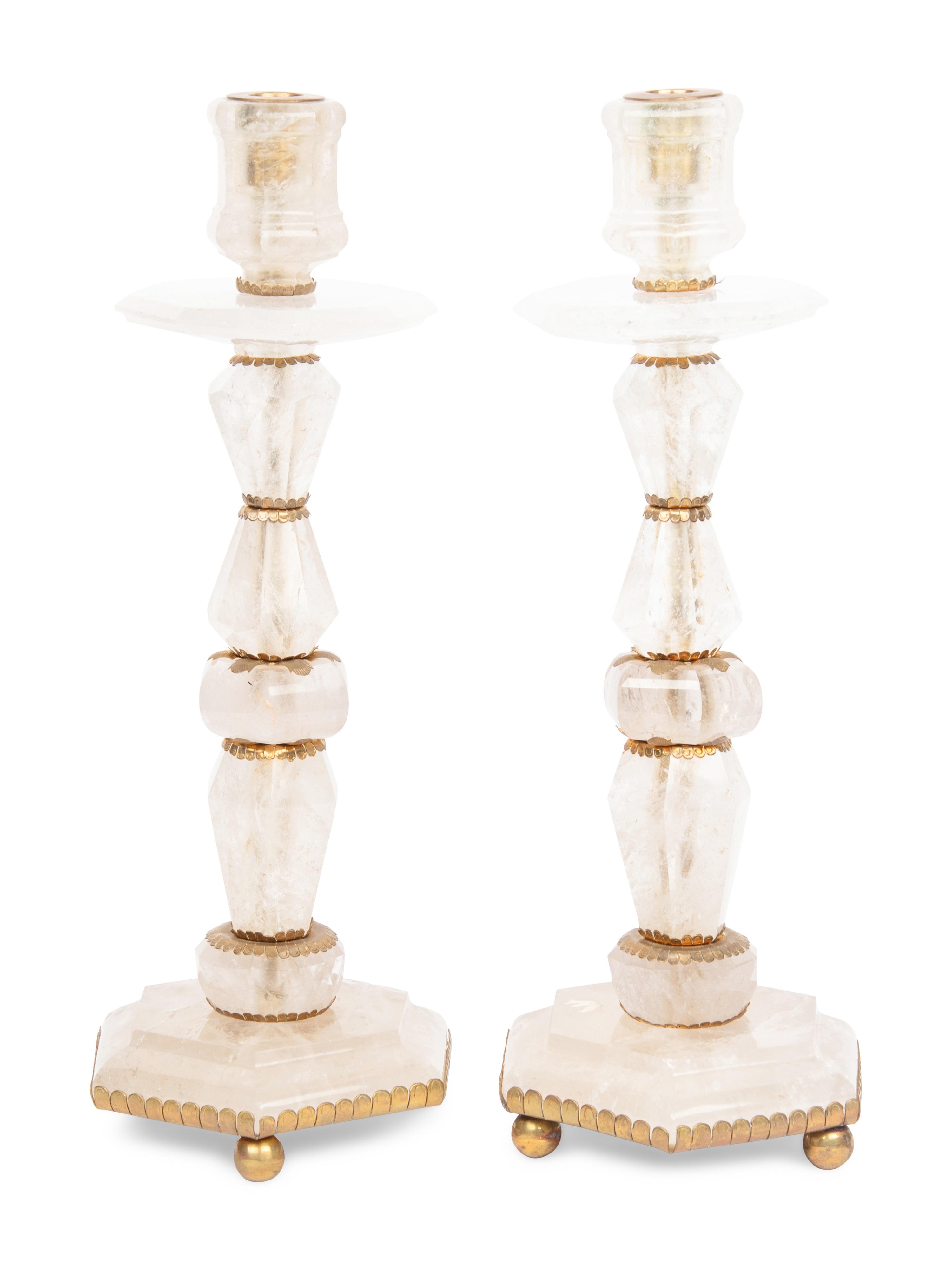 A Pair of Baroque Style Gilt Metal Mounted Rock Crystal Candlesticks