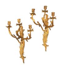 A Pair of Louis XV Style Gilt Bronze Three-Light Sconces
