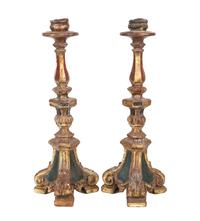 A Pair of Italian Carved and Painted Gilt Candlesticks Height 14 1/2 inches. — 20TH CENTURY