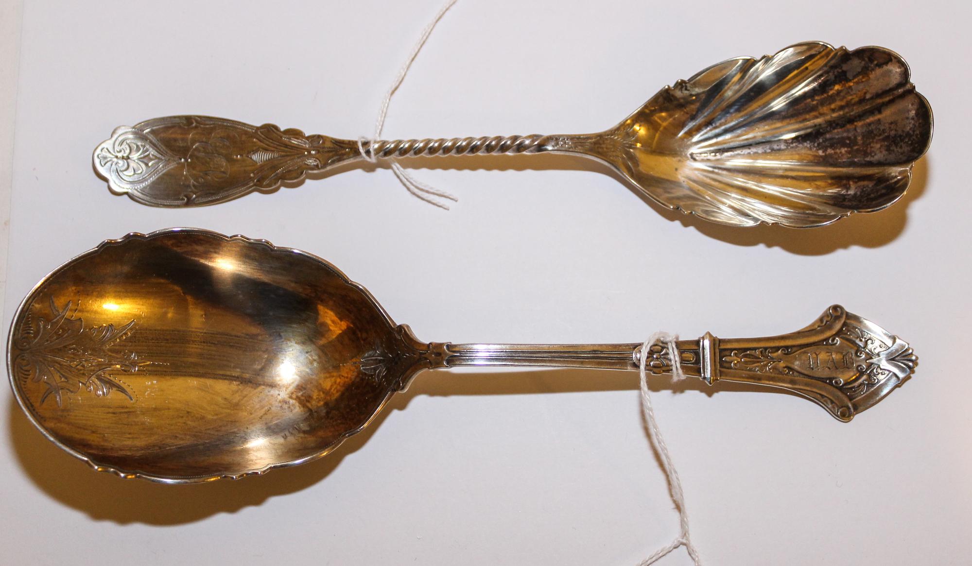 Two American Silver Flatware Servers, , comprising a spoon with an engraved monogram, George Sharp, Philadelphia, PA and a coin silver