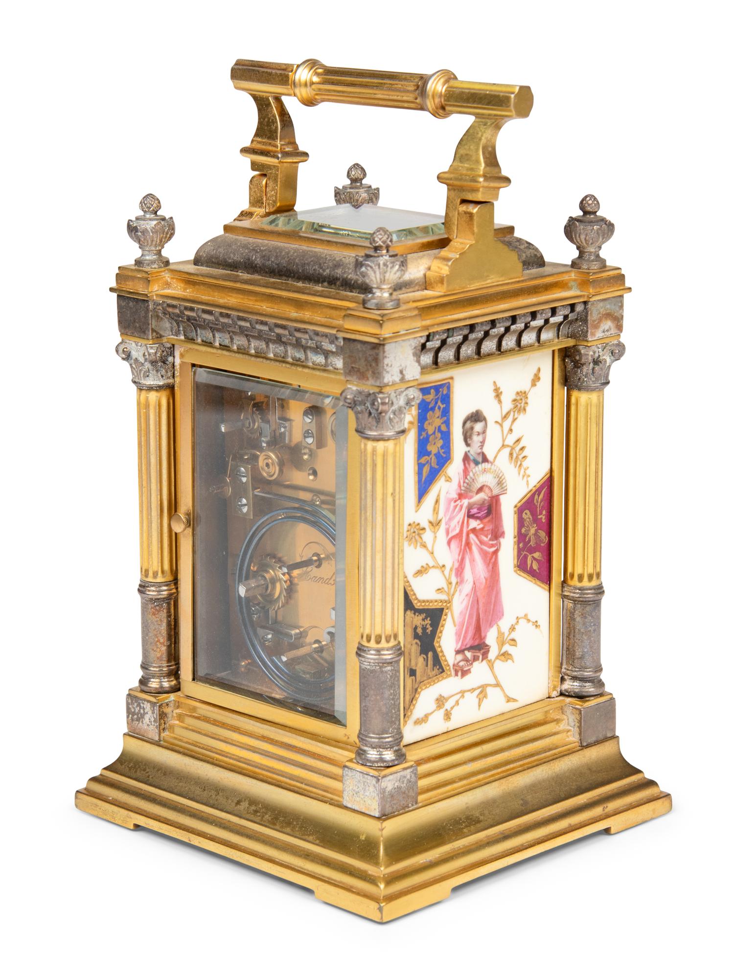 A French Silvered and Gilt Brass Porcelain-Mounted Carriage Clock
