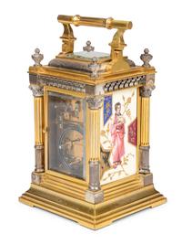 A French Silvered and Gilt Brass Porcelain-Mounted Carriage Clock