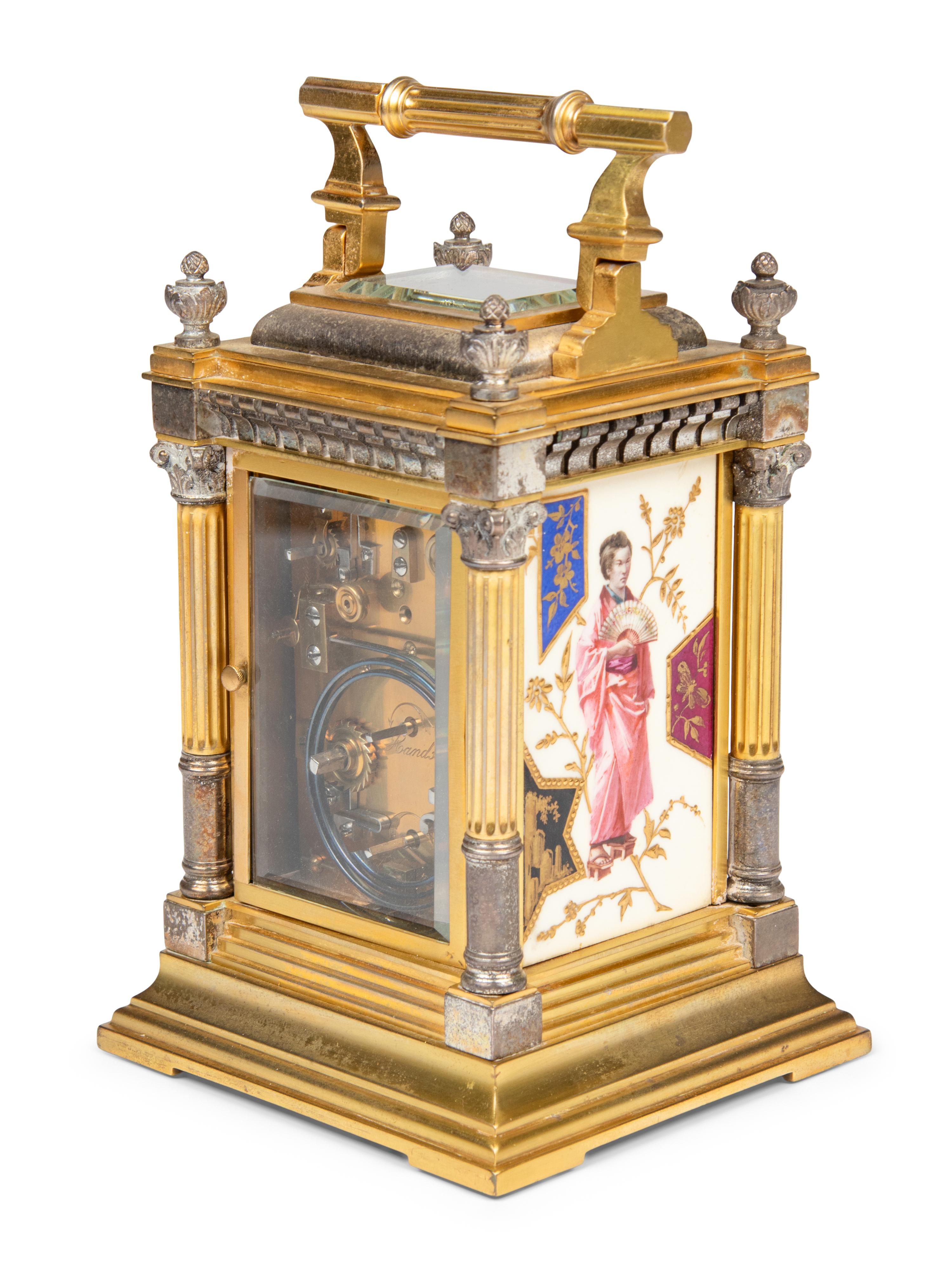 A French Silvered and Gilt Brass Porcelain-Mounted Carriage Clock