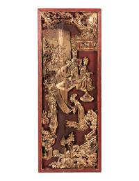 A Pair of Chinese Carved Gilt and Red Lacquered Wood Panels