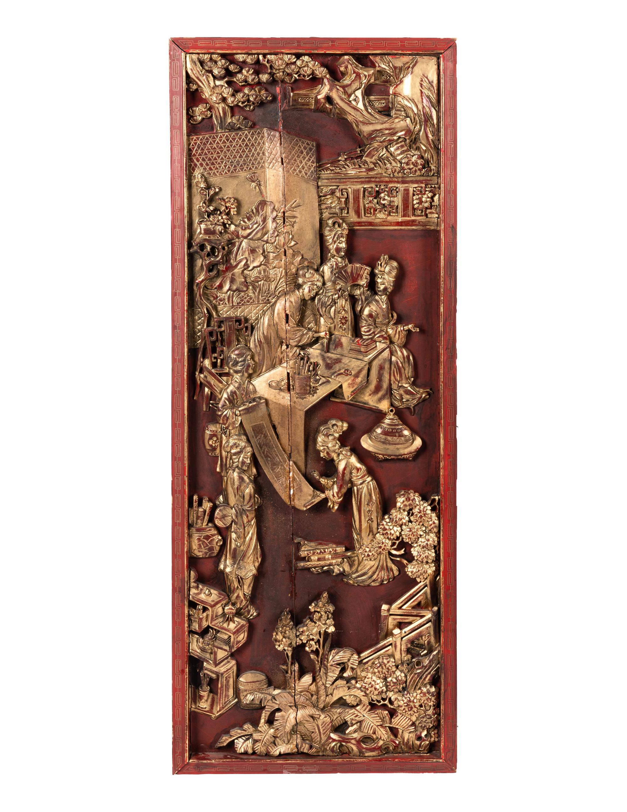 A Pair of Chinese Carved Gilt and Red Lacquered Wood Panels