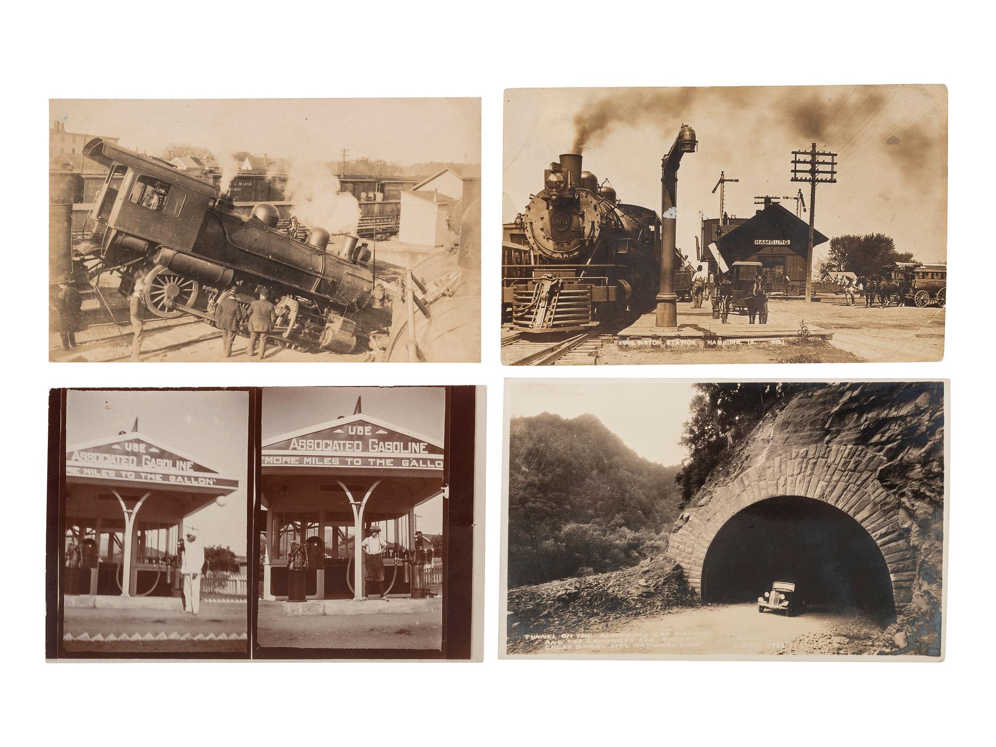 [EARLY PHOTOGRAPHY] -- [TRANSPORTATION]. A group of 23 real photo postcards of trains, ships, airplanes, automobiles, wrecks, and more.