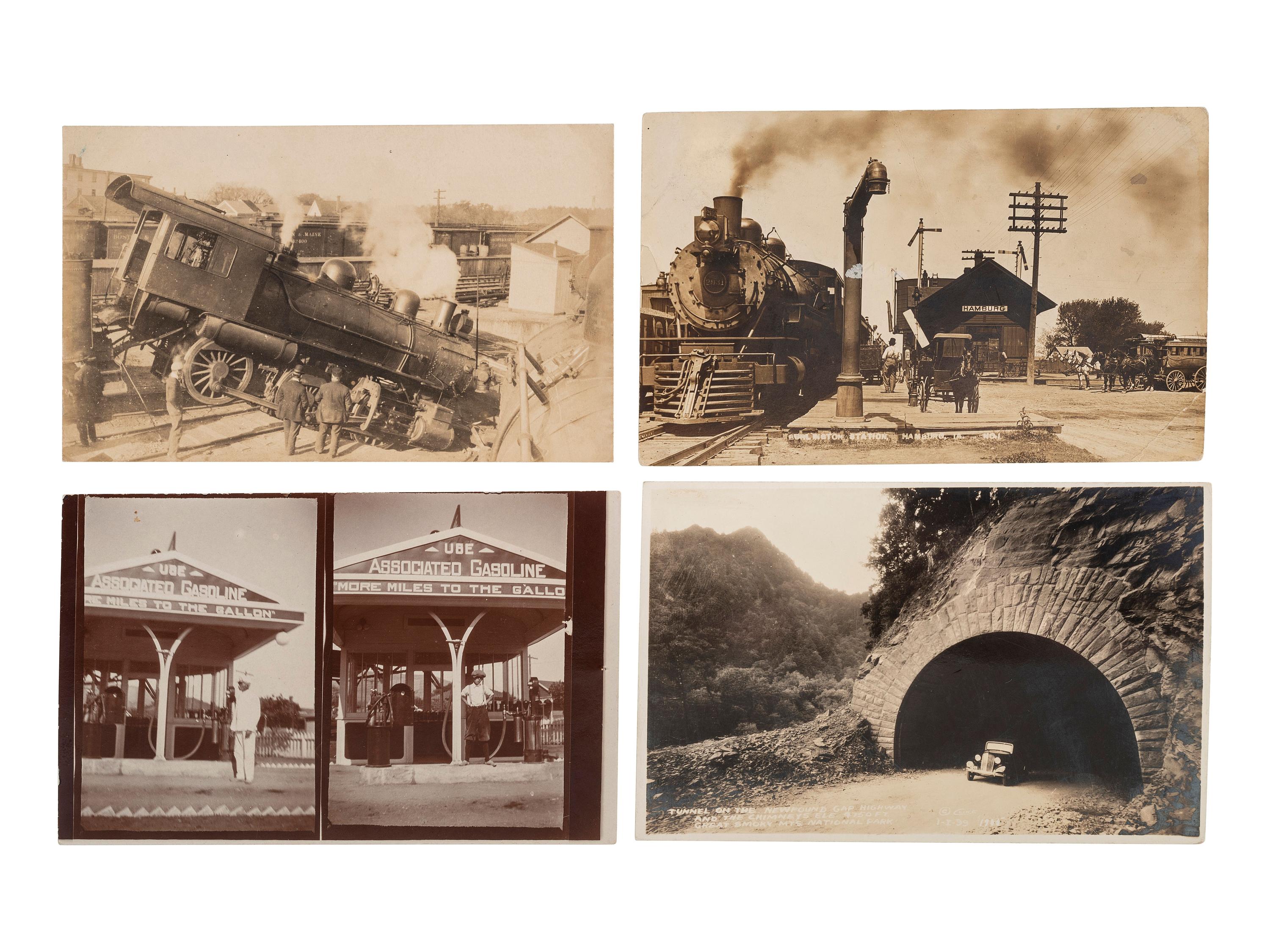 [EARLY PHOTOGRAPHY] -- [TRANSPORTATION]. A group of 23 real photo postcards of trains, ships, airplanes, automobiles, wrecks, and more.