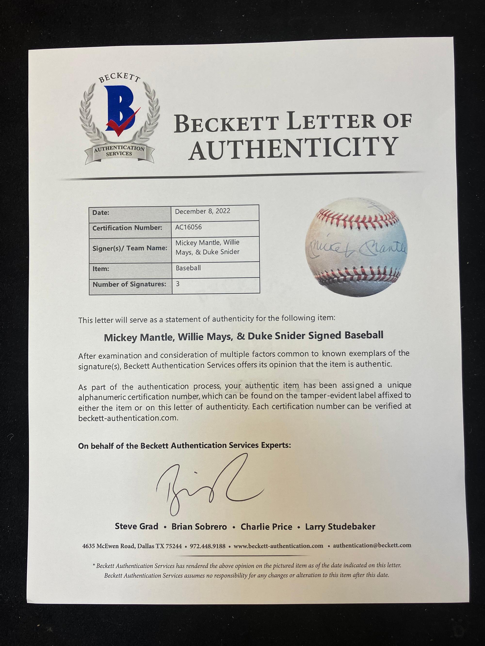 A Willie Mays, Mickey Mantle and Duke Snider Signed Autograph Baseball (Beckett Authentication Services Letter),