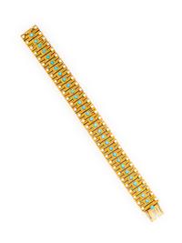 VICTORIAN, TURQUOISE, SEED PEARL, AND YELLOW GOLD LINK BRACELET