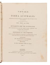 [TRAVEL & EXPLORATION]. FLINDERS, Matthew (1774-1814). A Voyage to Terra Australis, undertaken for the purpose of completing the discovery of that vast country, and prosecuted in the years 1801, 1802, and 1803, in His Majesty's Ship The Investigator and subsequently in the armed vessel Porpoise and Cumberland schooner . London: W. Bulmer and Co. for G. and W. Nicol, 1814.