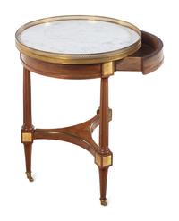 A Louis XVI Style Gilt Metal Mounted Mahogany Marble-Top Bouillotte Table