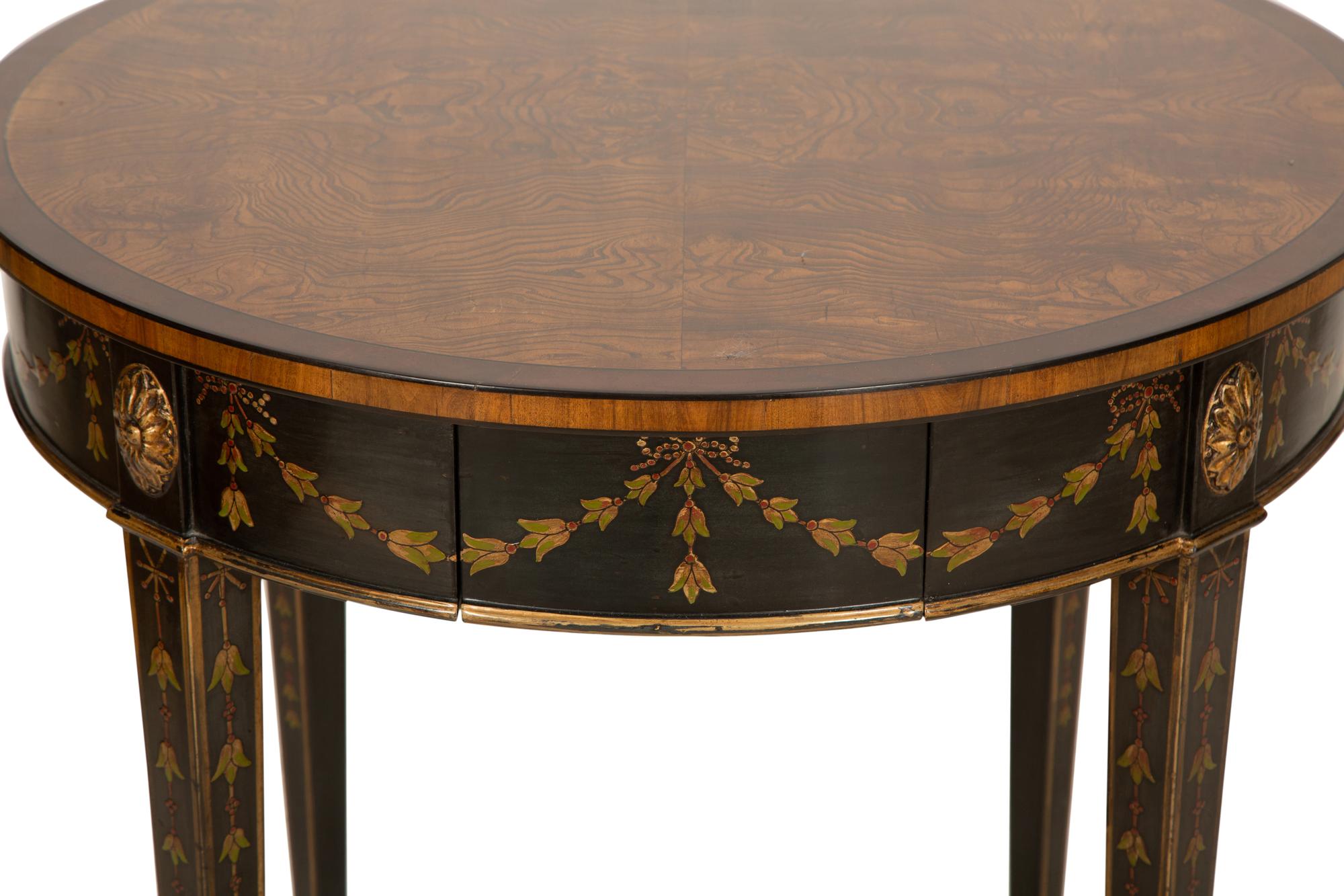 A Pair of Adam Style Burl Wood, Painted and Parcel Gilt Circular Tables
