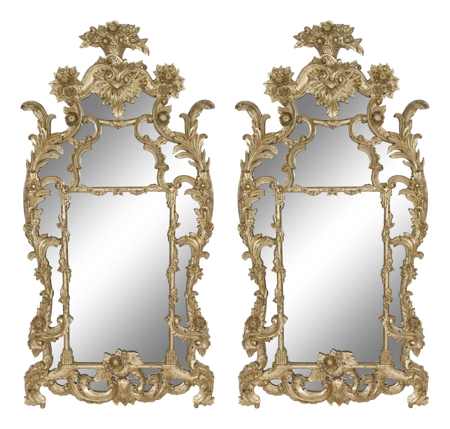 A Pair of Large Ralph Lauren Louis XV Style Silvered Parclose Overmantel Mirrors