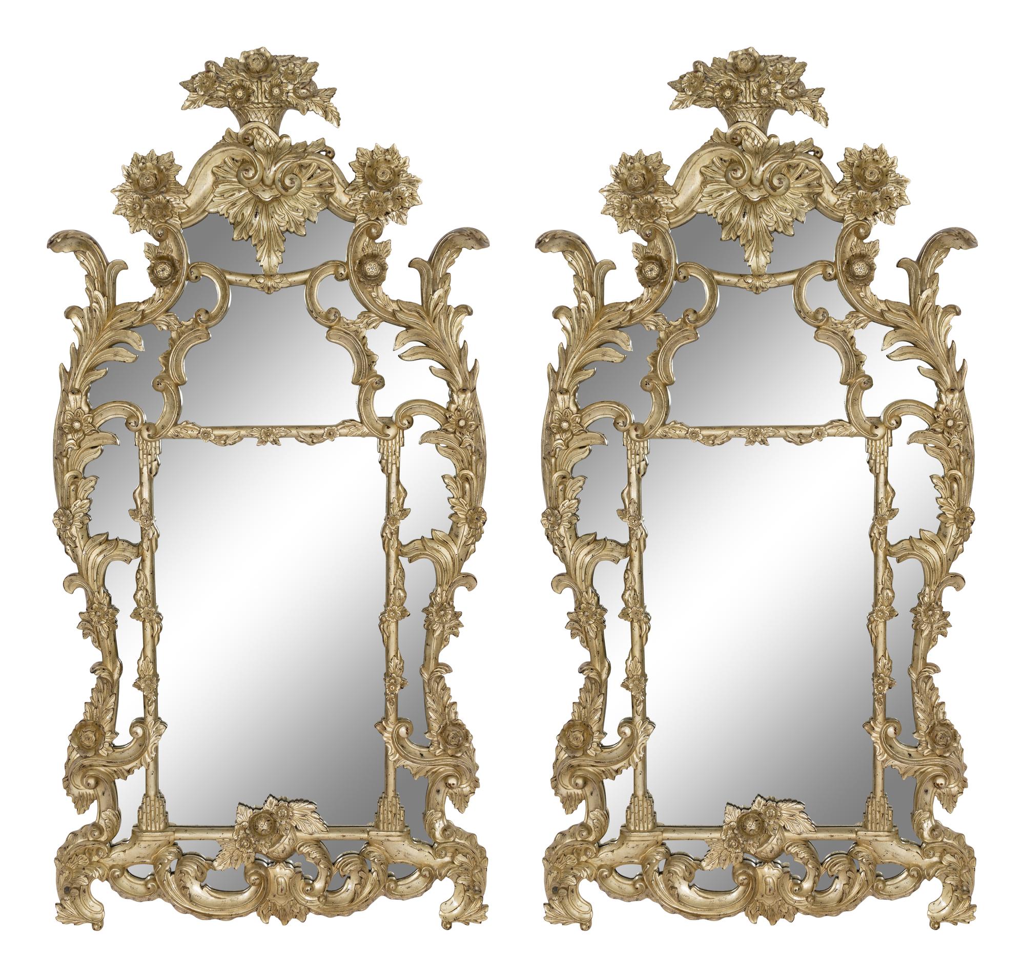 A Pair of Large Ralph Lauren Louis XV Style Silvered Parclose Overmantel Mirrors