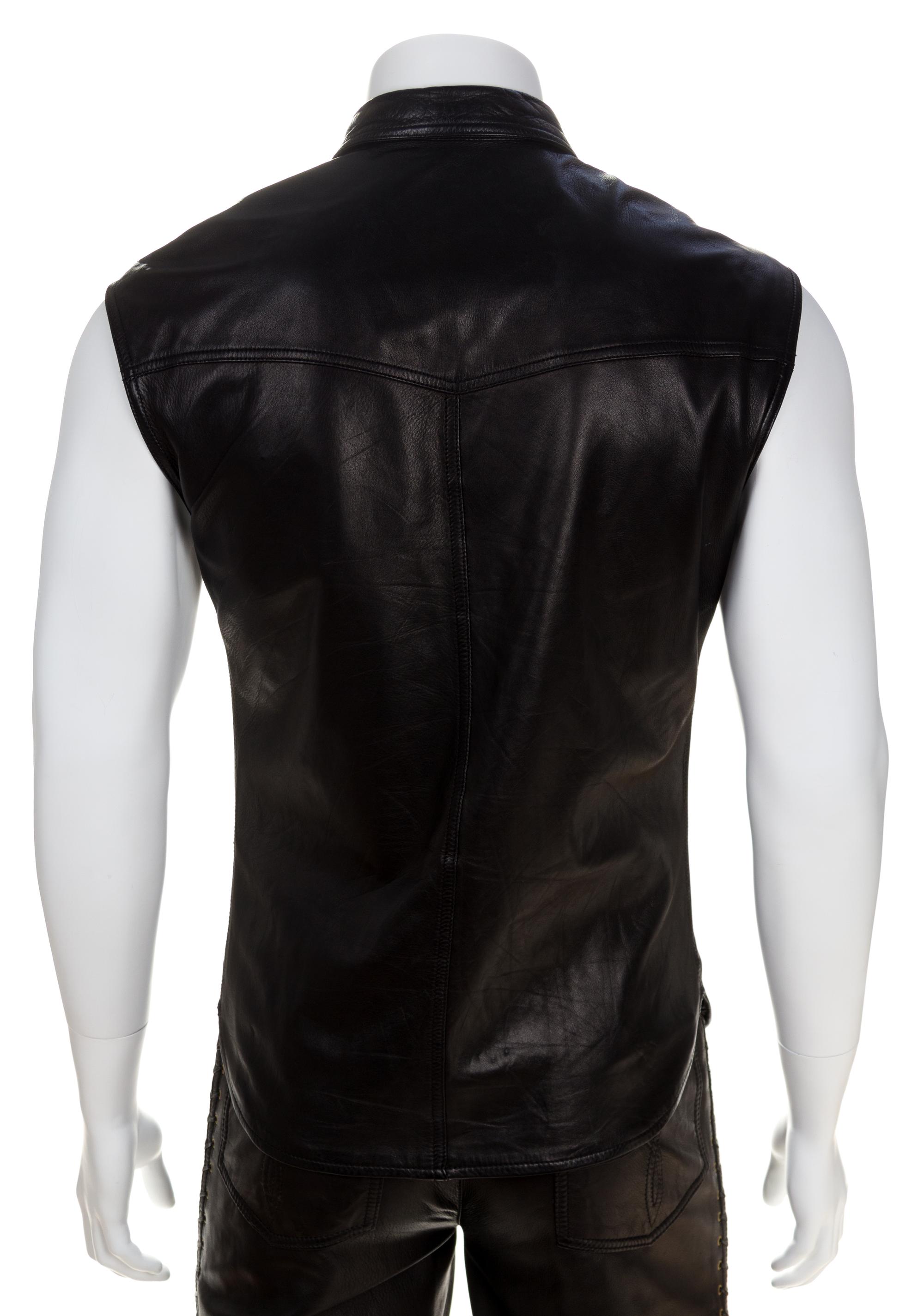 A Gianni Versace Black Leather Men's Vest, No size.