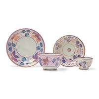 A Pair of Staffordshire Pink Sunderland Lustreware Masonic Water Pitchers, Together with Five Tea Bowls and Saucers