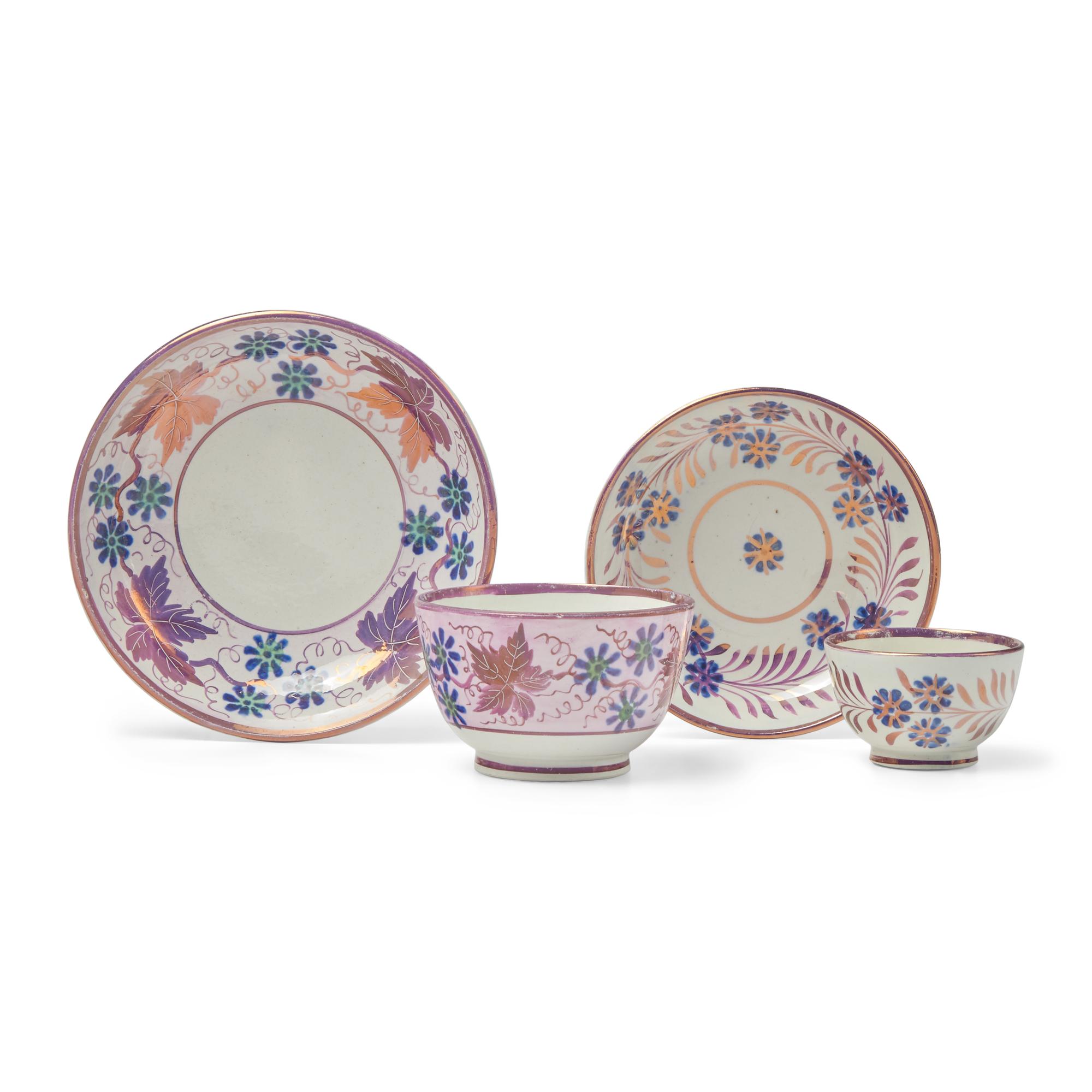 A Pair of Staffordshire Pink Sunderland Lustreware Masonic Water Pitchers, Together with Five Tea Bowls and Saucers
