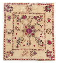 Three Suzani Embroideries Largest: 8 feet 7 1/4 inches x 6 feet 4 1/4 inches.
