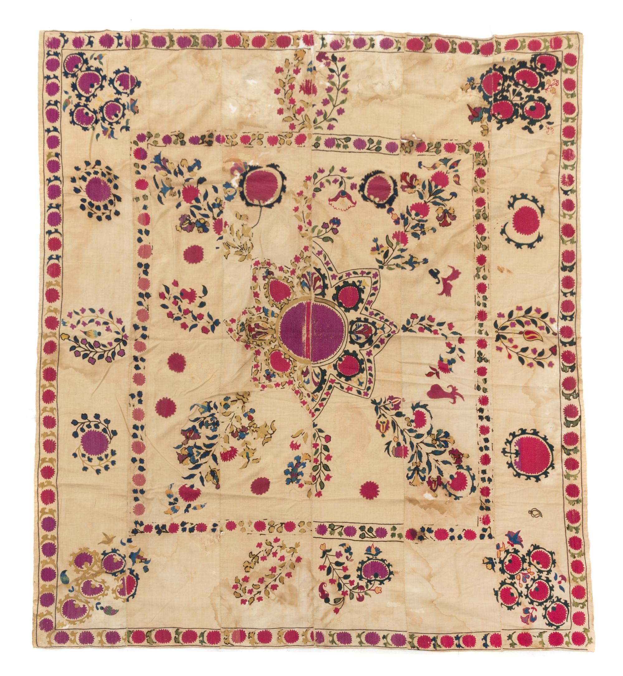 Three Suzani Embroideries Largest: 8 feet 7 1/4 inches x 6 feet 4 1/4 inches.
