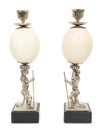 A Pair of Anthony Redmile Ostrich Egg and Nickel-Plated Candlesticks