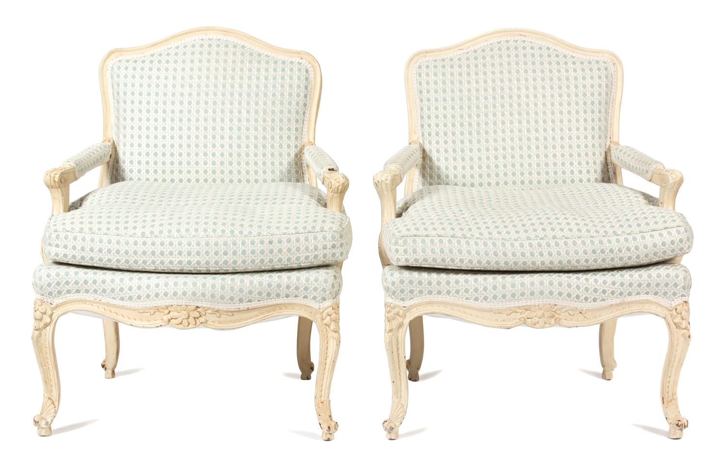 A Pair of Louis XV Style Carved and Painted Fauteuils Height 37 inches. — 20TH CENTURY
