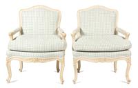 A Pair of Louis XV Style Carved and Painted Fauteuils Height 37 inches. — 20TH CENTURY