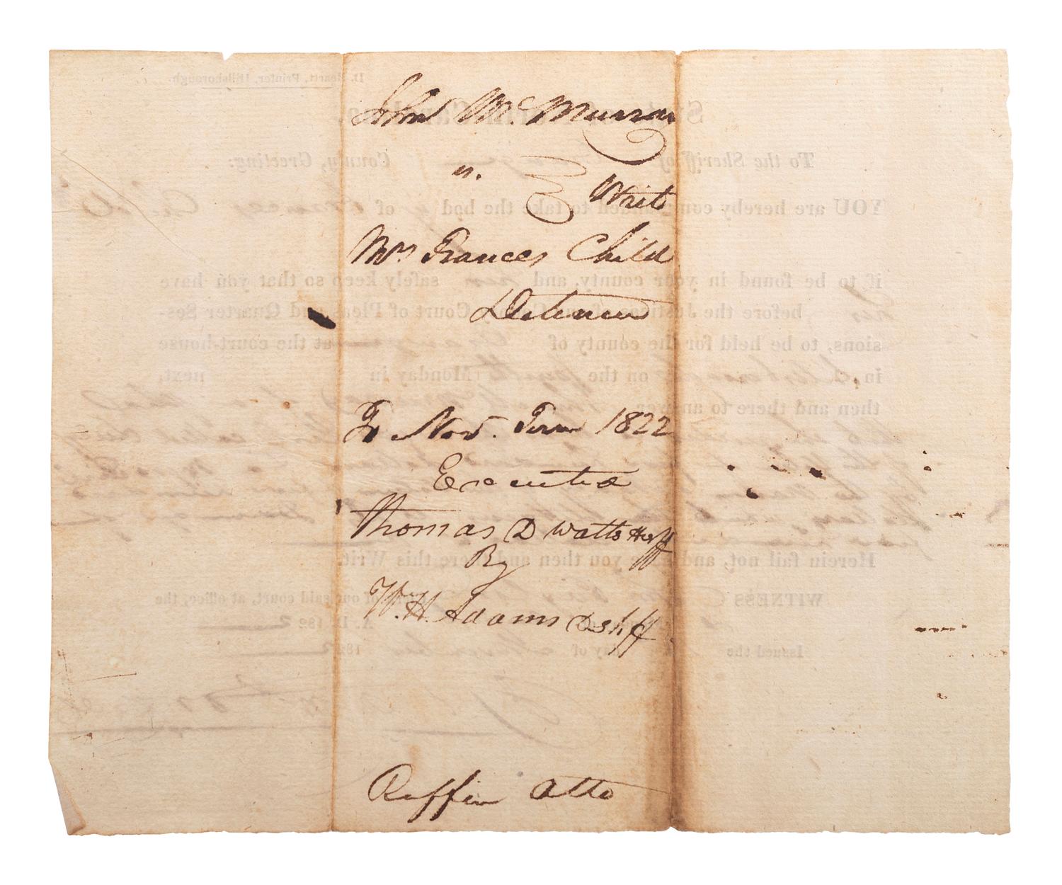 [SLAVERY & ABOLITION]. Partially printed writ of detention related to the surrender of two enslaved girls named "Lucy" and "Nancy." Orange County, NC, 1822.