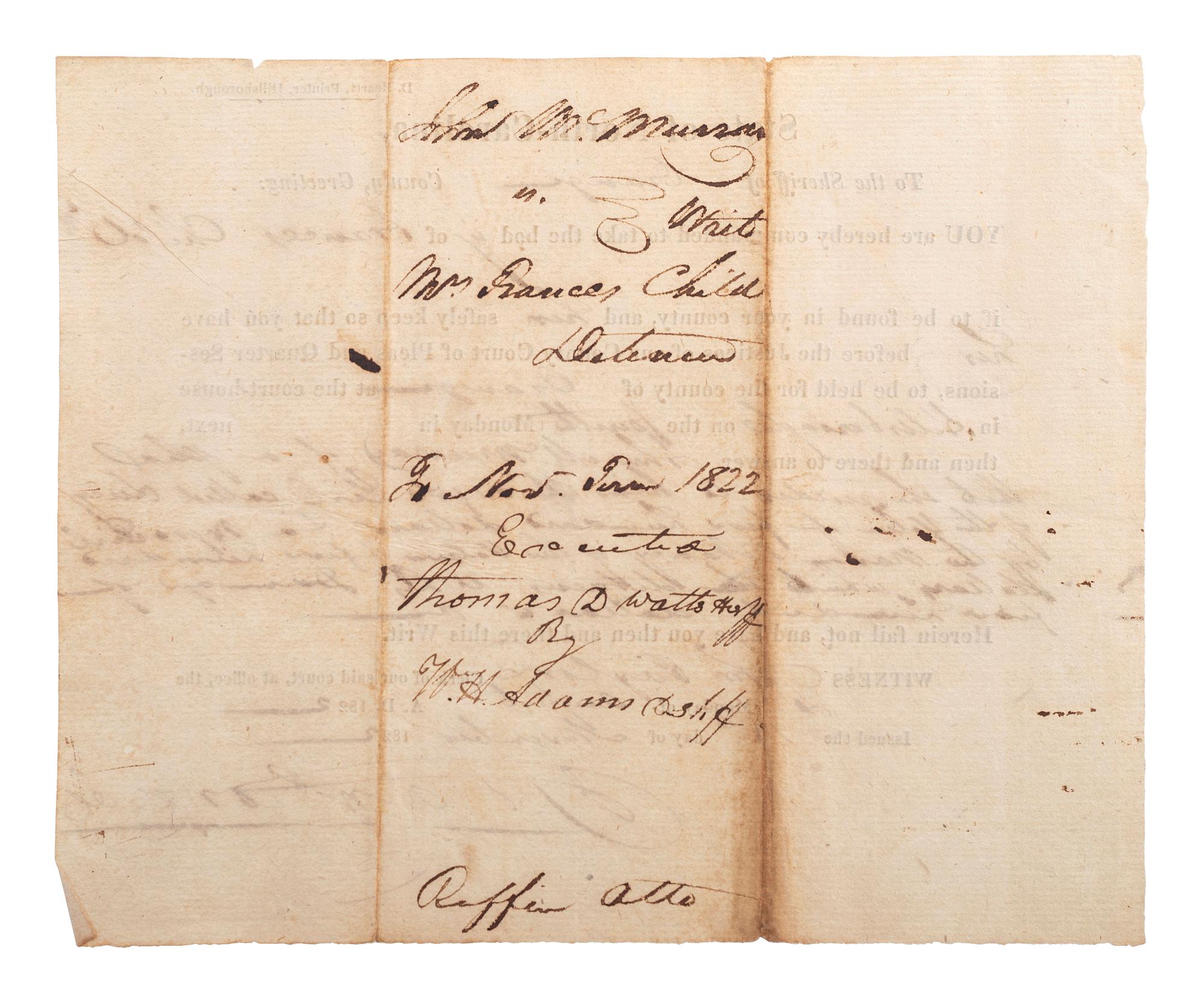 [SLAVERY & ABOLITION]. Partially printed writ of detention related to the surrender of two enslaved girls named "Lucy" and "Nancy." Orange County, NC, 1822.