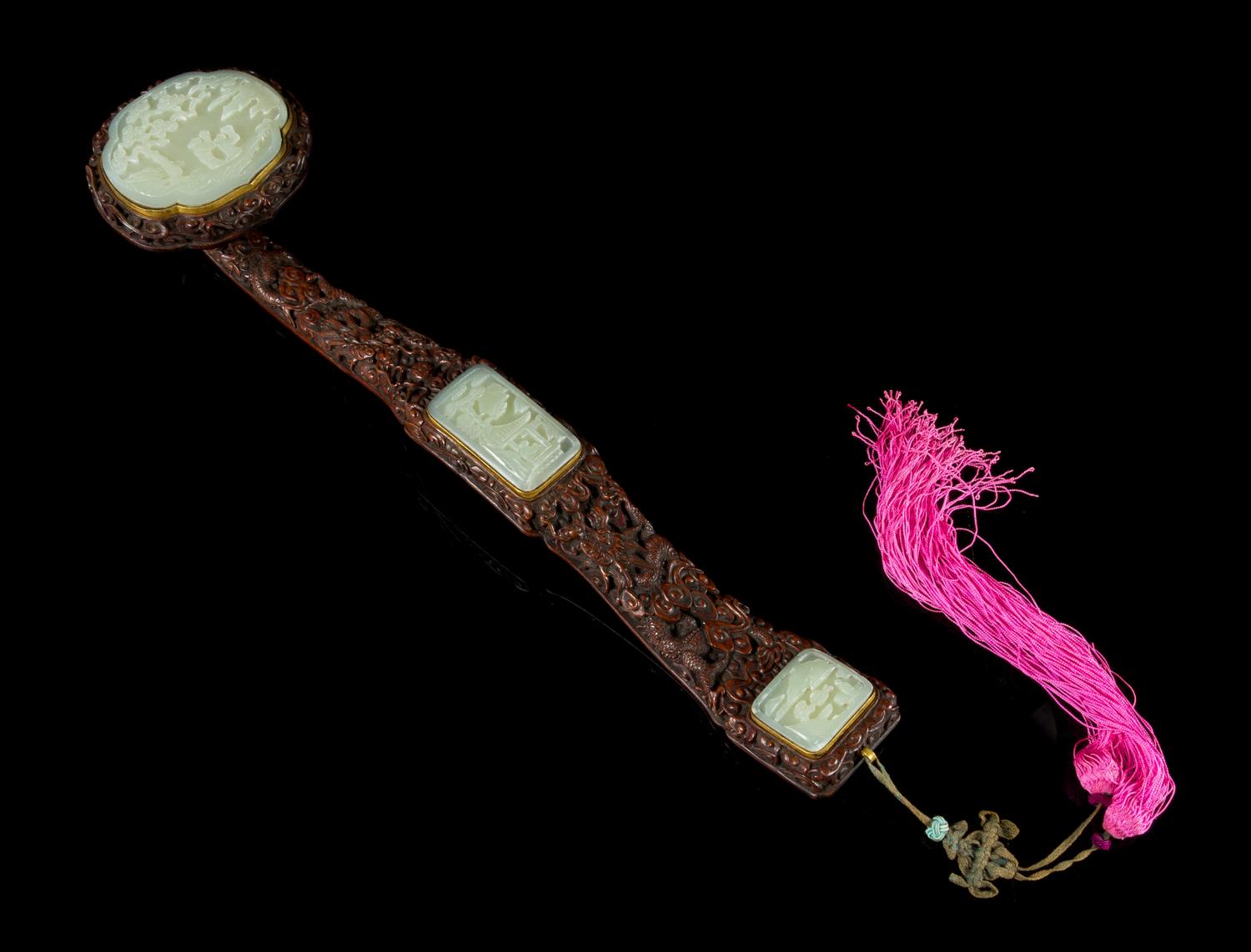 A Celadon Jade Inset Rosewood Ruyi Scepter Length 18 3/4 inches. — QING DYNASTY