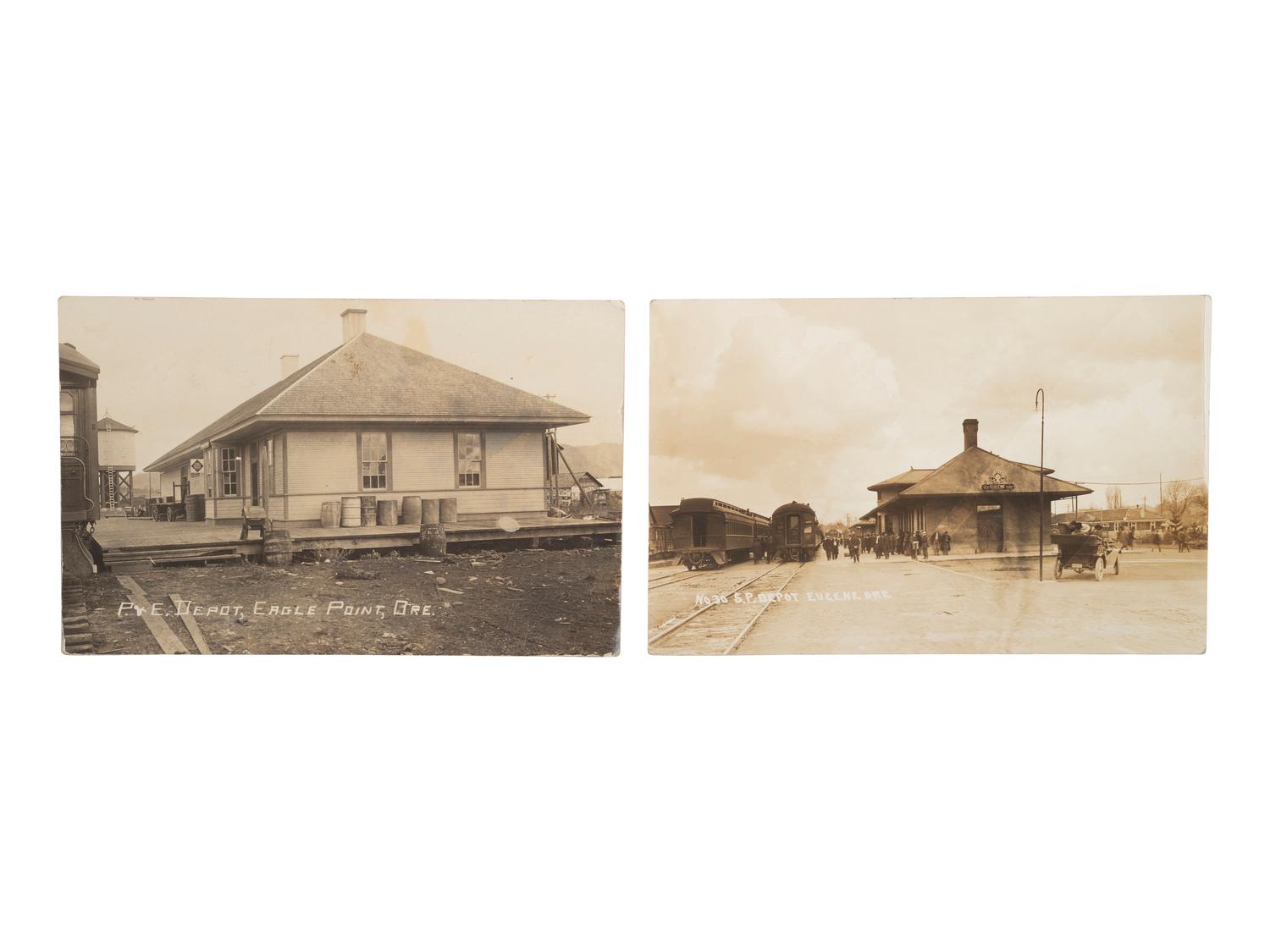 [RAILROADS]. Over 120 RPPCs & photographs of railroad stations, train depots, and roundhouses.