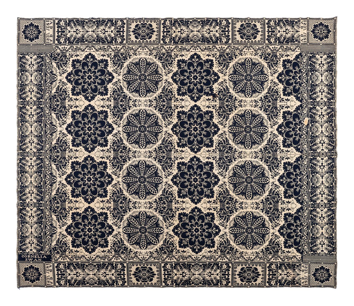 A Blue and White Jacquard Woven Liberty Coverlet