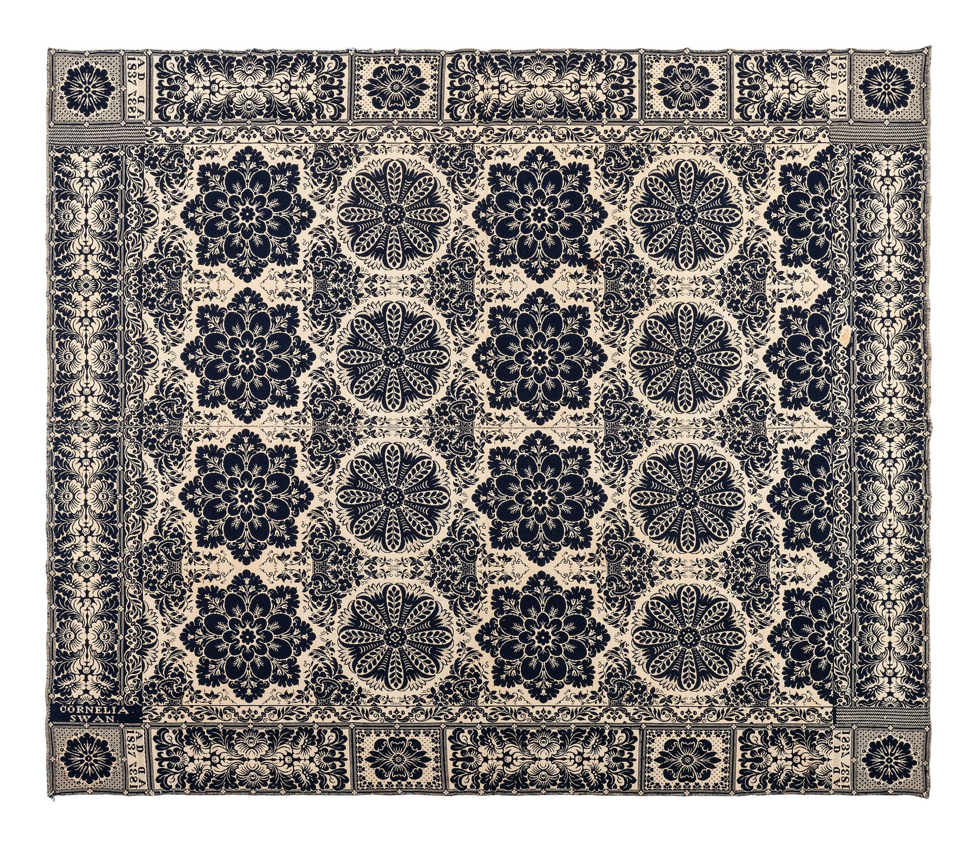 A Blue and White Jacquard Woven Liberty Coverlet